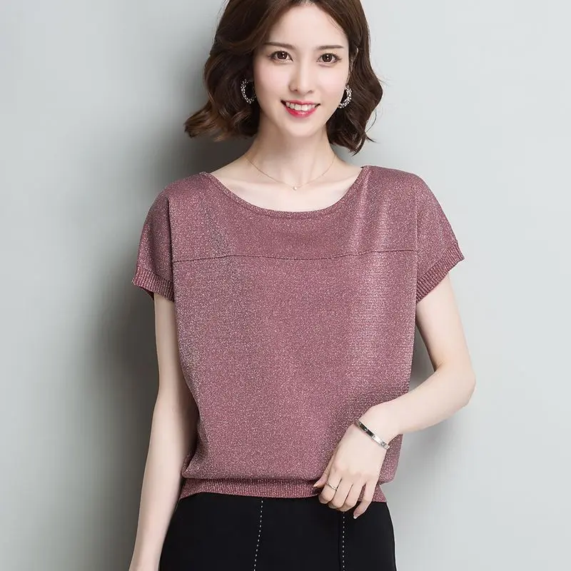 

Summer Knitted Tshirts New Round Neck Short-sleeved Knitwear Top Women's Solid Color Slim Knitting T-shirt Undershirt S232