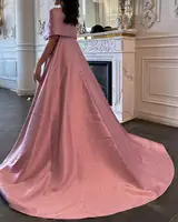 Luxury Dubai Pink Satin Evening Dresses with Train 2024 Elegant Off Shoulder Arabic Women Wedding Party Gowns 481 1