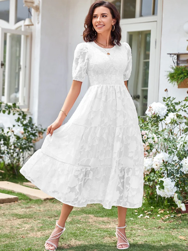 White Floral Print Dress Women Summer Puff Sleeve Jacquard Dress Ladies  Elegant Fashion Vintage Loose Holiday Party Long Dresses - AliExpress  200000345