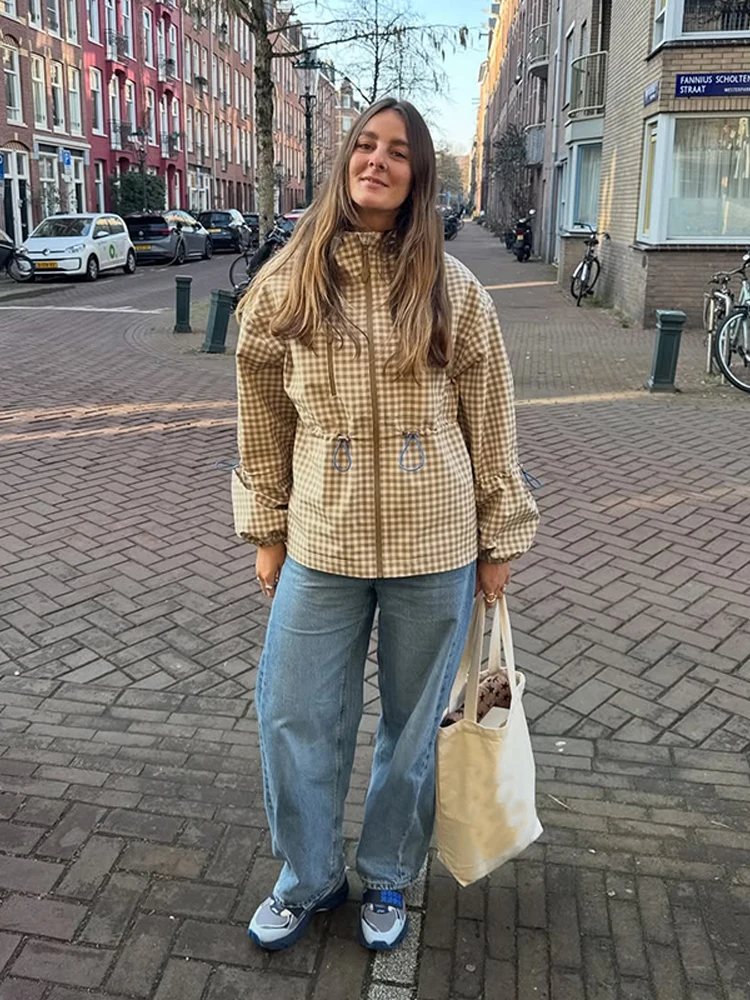 Karierte Kapuzenjacken mit elastischem Bund und Kordelzug für Damen, Streetwear, lange Ärmel, locker sitzende Jacken, Frühlings-Chic-Oberbekleidung für Damen – Detail 15