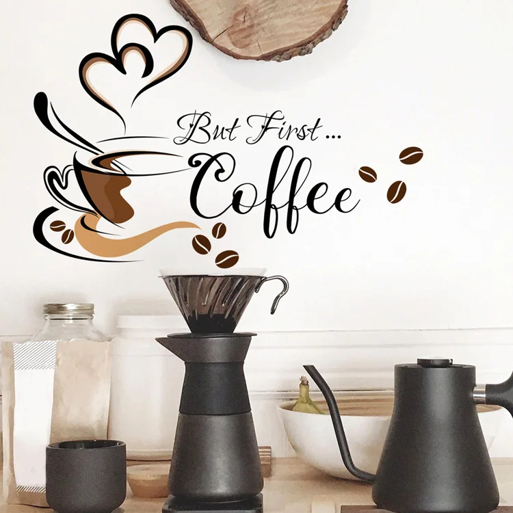 Creative Coffee Cup Pattern Wall Stickers Cafe Living Room Decor Cabinet Art English Home Decoration Self-adhesive Wallpaper