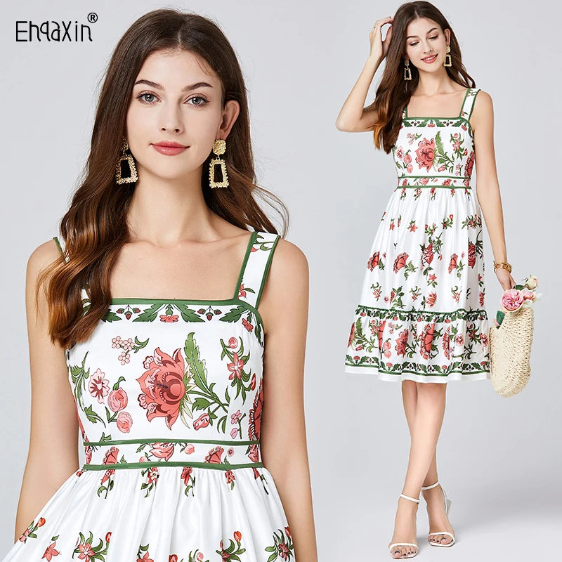 

EHQAXIN Women's Dress Fashion 2024 Summer New Elegant Printing Strap A-Line Pullover High Waist Party Dresses For Female S-2