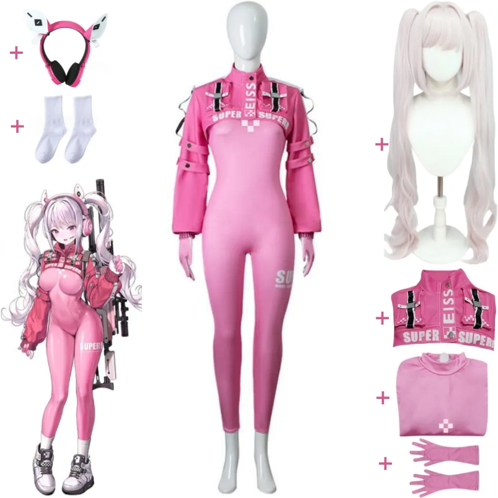 

Game Nikke：The Goddess Of Victory Alice Cosplay Costume Wig Headphone Anime Sexy Woman Pink Jumpsuit Halloween Role Play Suit