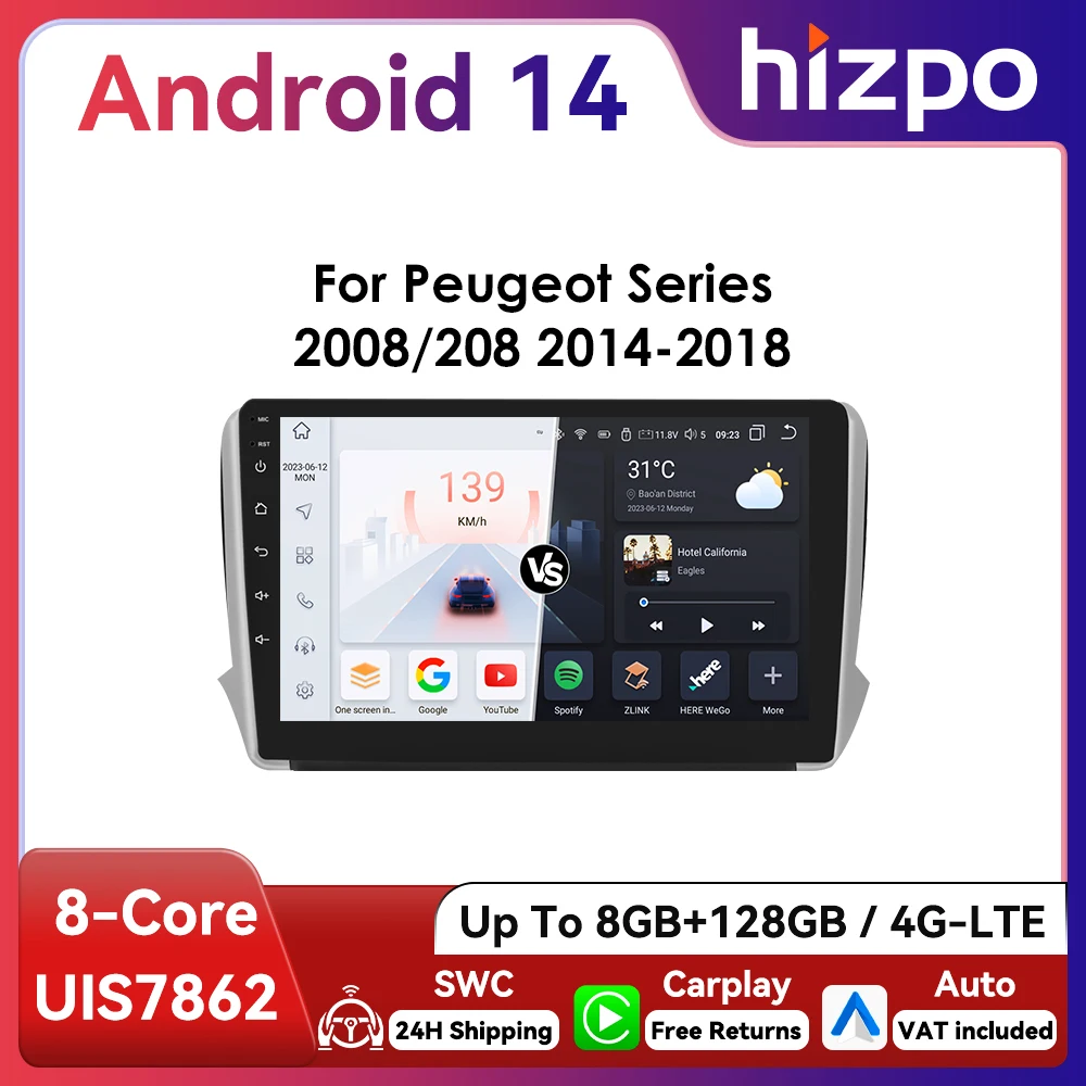 10,1 "Persla Hizpo CarPlay 2Din Android13 Radio de coche para Peugeot 208 2008 2014 - 2018 DSP RDS WiFi BT 4G SWC navegación GPS 1
