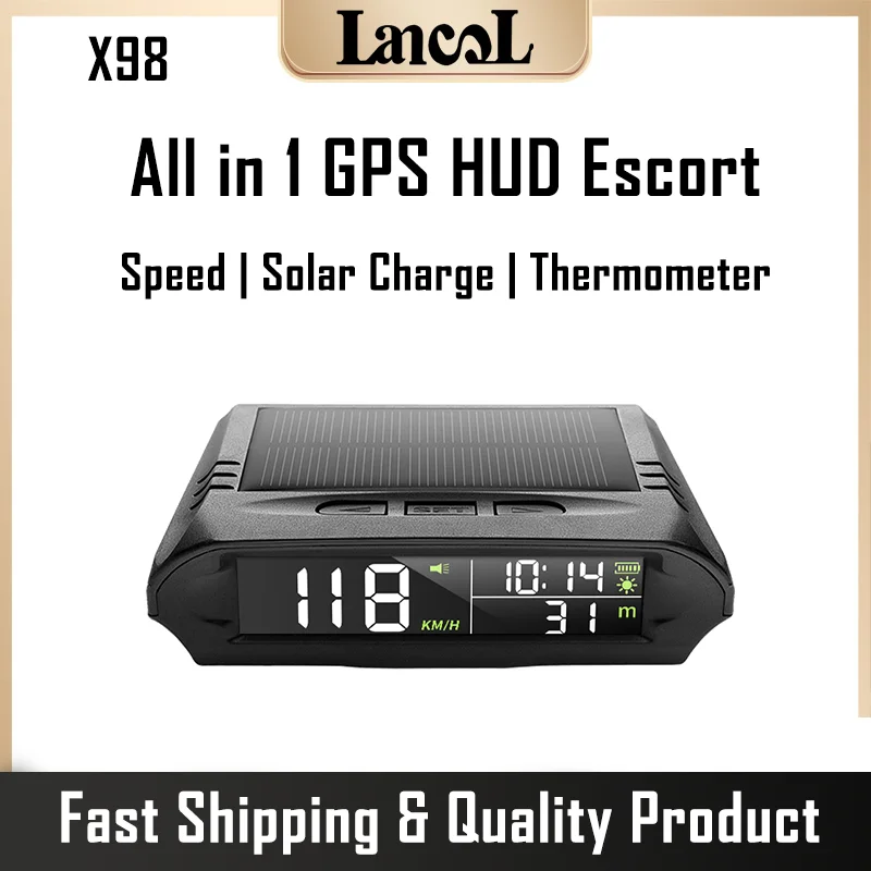 

X98 Universal Car Wireless HUD Display Gauge Solar Charging Digital GPS Speedometer Overspeed Alarm Distance Altitude Display