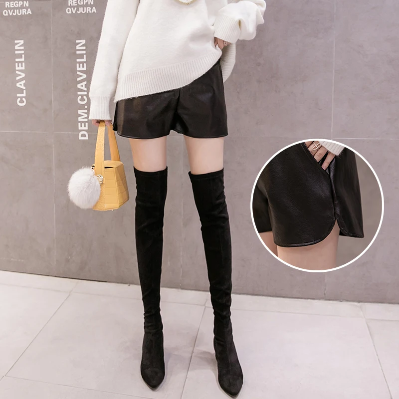 Cotton's Belly Patchwork PU Leather Shorts For Pregnant Women Fashionable Wide-legged Short Pants Maternity Side Split Trousers 3
