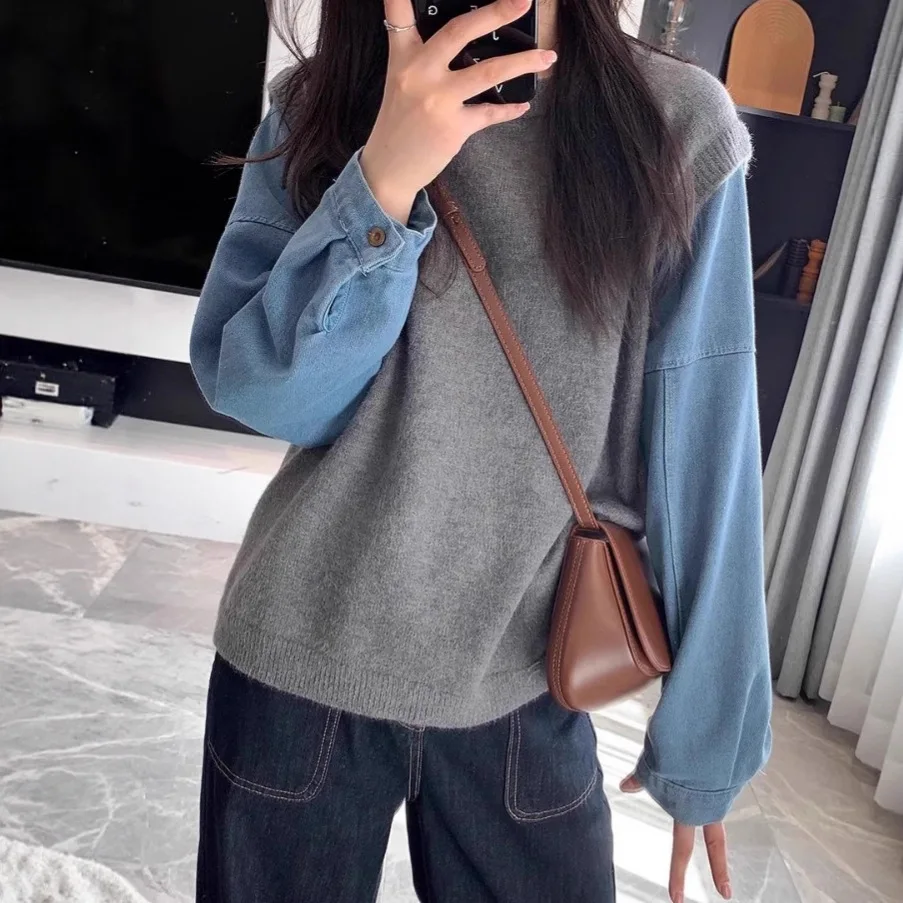 Women Denim Patchwork Long Sleeve Knitted Sweater