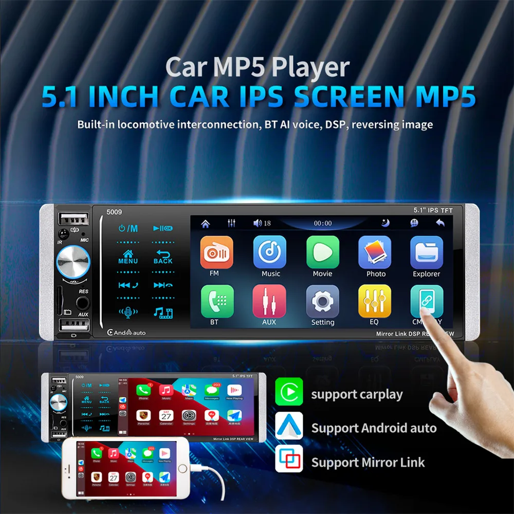 Single Din 5.1 Apple CarPlay Android Auto Car Radio MP5 Player Bluetooth  3-USB