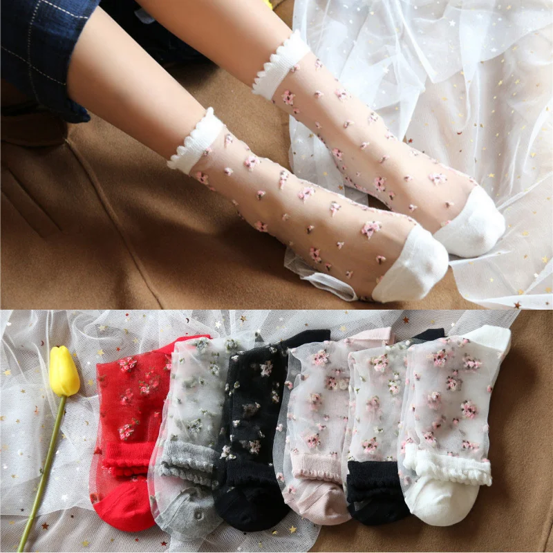 Sommer Harajuku Vintage Frauen Socken Retro Blume Stickerei Kristall Seide Socken Frauen Ultra-dünne Transparente Nylon Lange Socken Sox