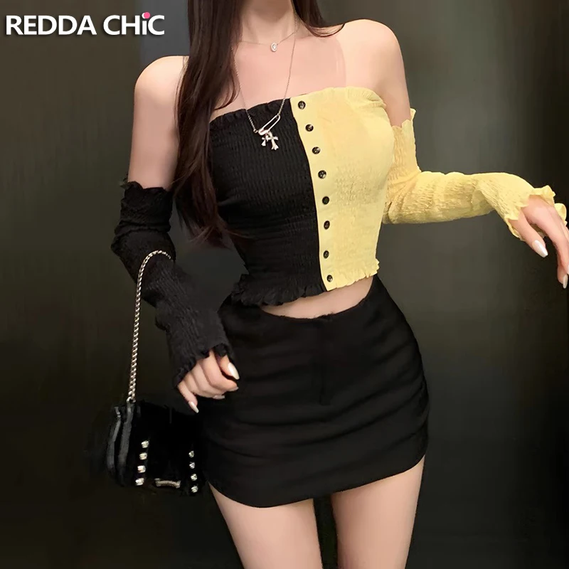 

ReddaChic Bicolor Shirring Crop Top for Women Patchwork Vintage Slim Fit Corset Tube Top Arm Sleeves Summer Korean Streetwear