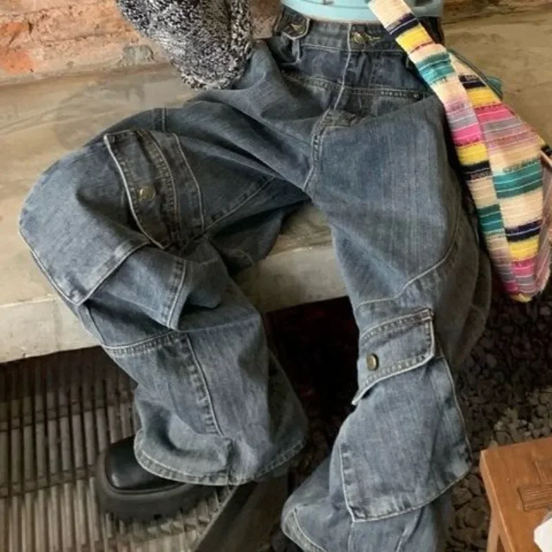 QWEEK Harajuku Vintage Cargo Jeans Women Oversize Y2K Grunge Black Baggy Denim Pants Hip Hop Streetwear