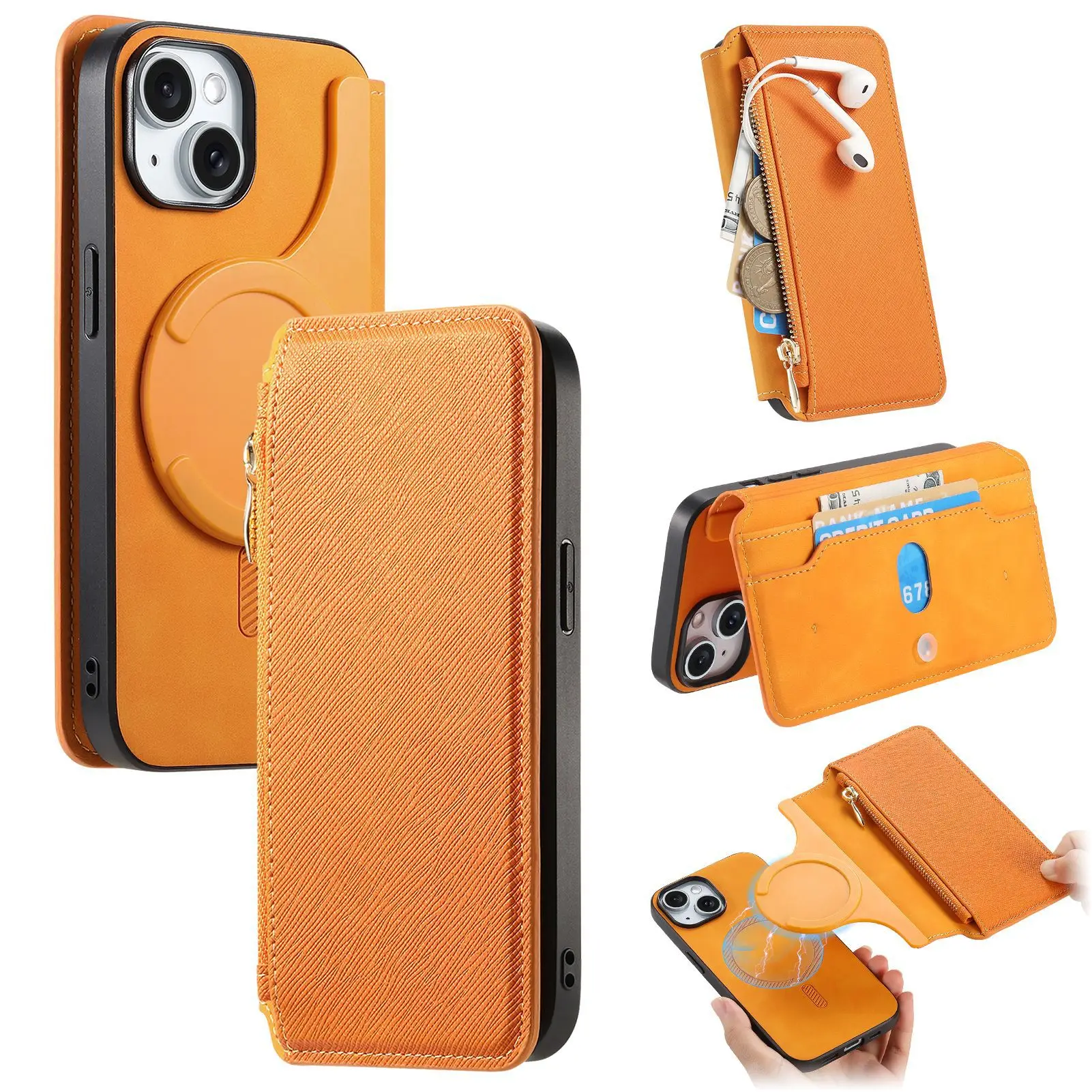 Leather Zipper Wallet Case with MagSafe and Credit Card Slot