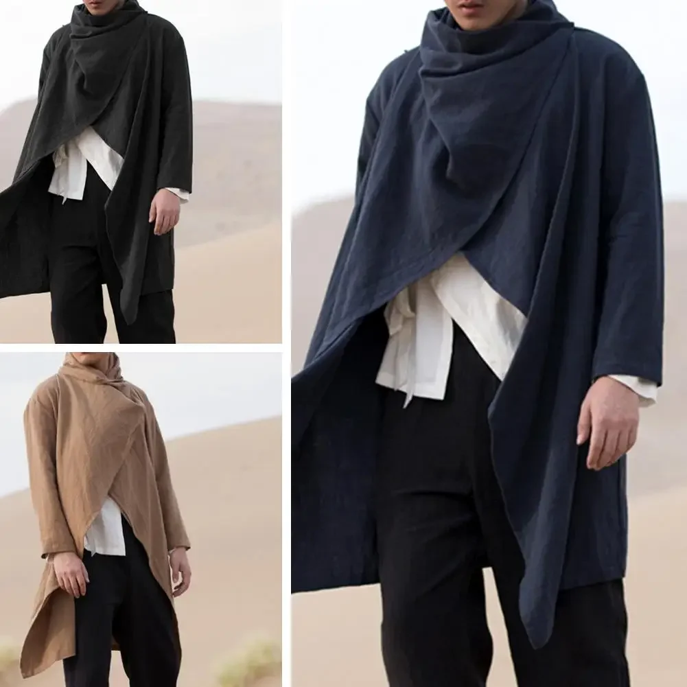 

Men Coats Long Sleeve Scarf Collar Trench Cotton Outwear Solid Cloak Vintage Irregular Jackets Men Streetwear