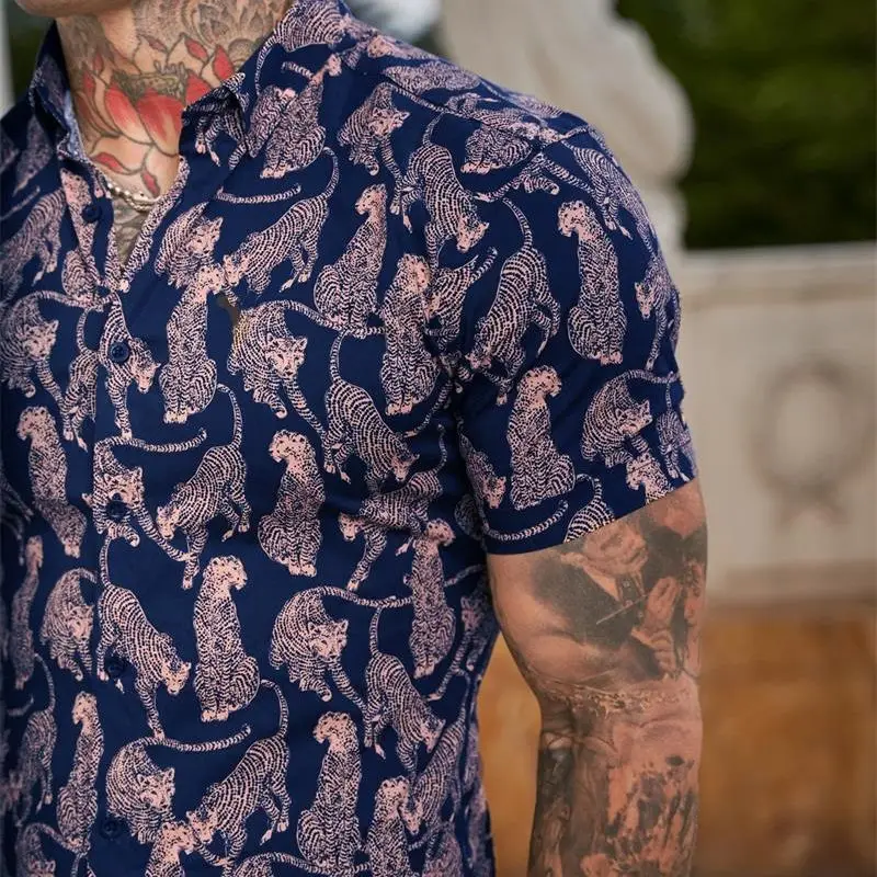 Digital Printing Money Leopard Summer Men's Shirt Street Outdoor Short Sleeve Top Hawaii Thin Quick Drying Beach Men's Wear