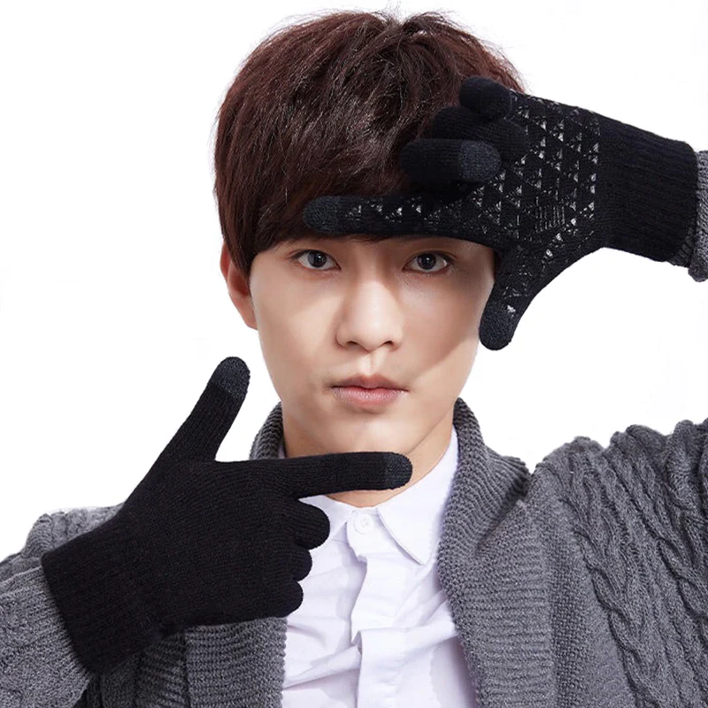 Winter Men Knitted Gloves Touch Screen Non-slip Rubber High Quality Male Gloves Thicken Warm Autumn Men Mittens warm gloves full finger gloves male gloves