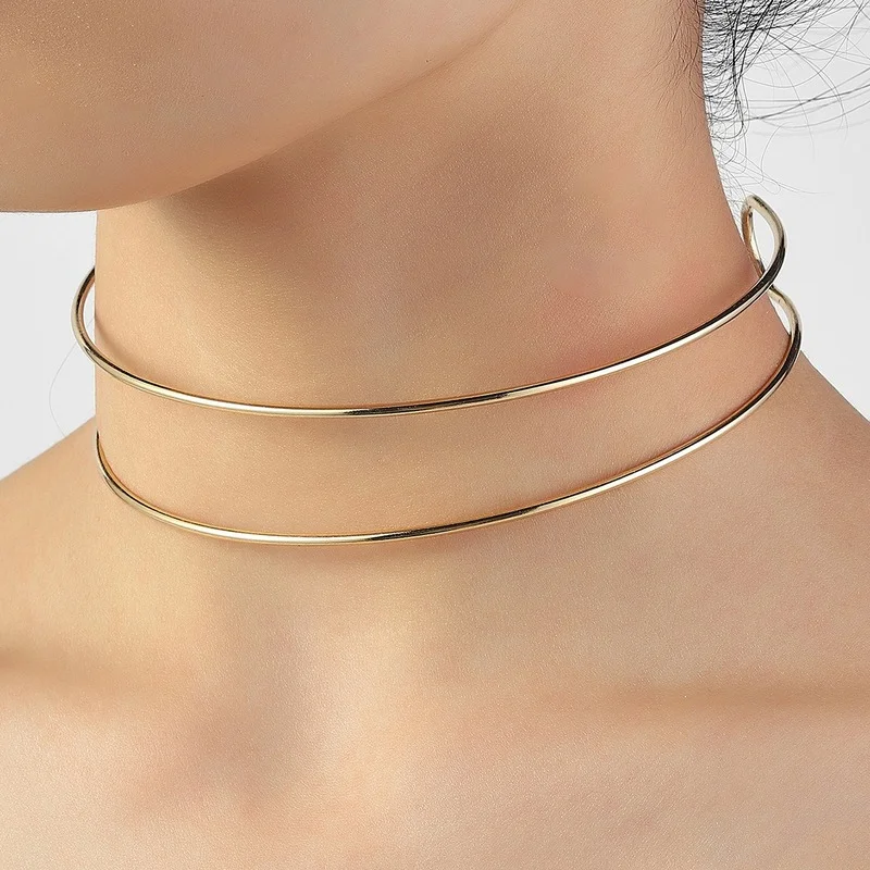

2022 New Simple Punk Style Gold Silver Color Torques Choker Necklace For Women Double Metal Line Chokers Dorado Collar Jewelry