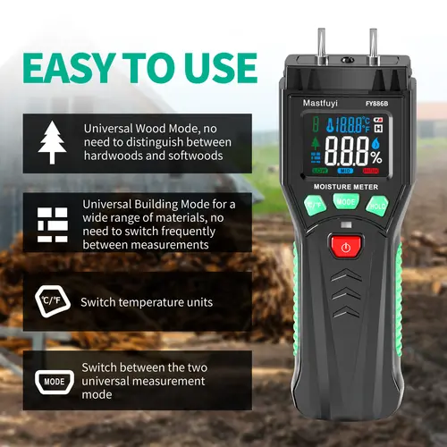MASTFUYI Universal Wood & Building Moisture Meter 0-60% Range with Color LED Alert for Hardwood Softwood Drywall Concrete Lumber - Image 5