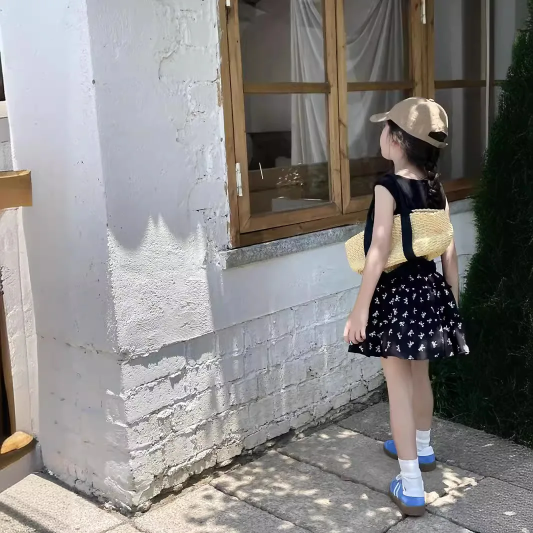 여름 프릴 가장자리 어린이 공주 스커트, 한국 활 매듭 쉬폰 조각 꽃 케이크, 2024 간단한 인쇄
