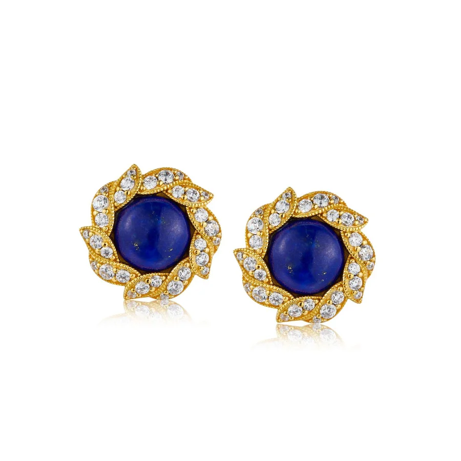 

natural lazurite and CZ gemstone stud earrings 925 sterling silver 18k gold plated gemstone earrings for women
