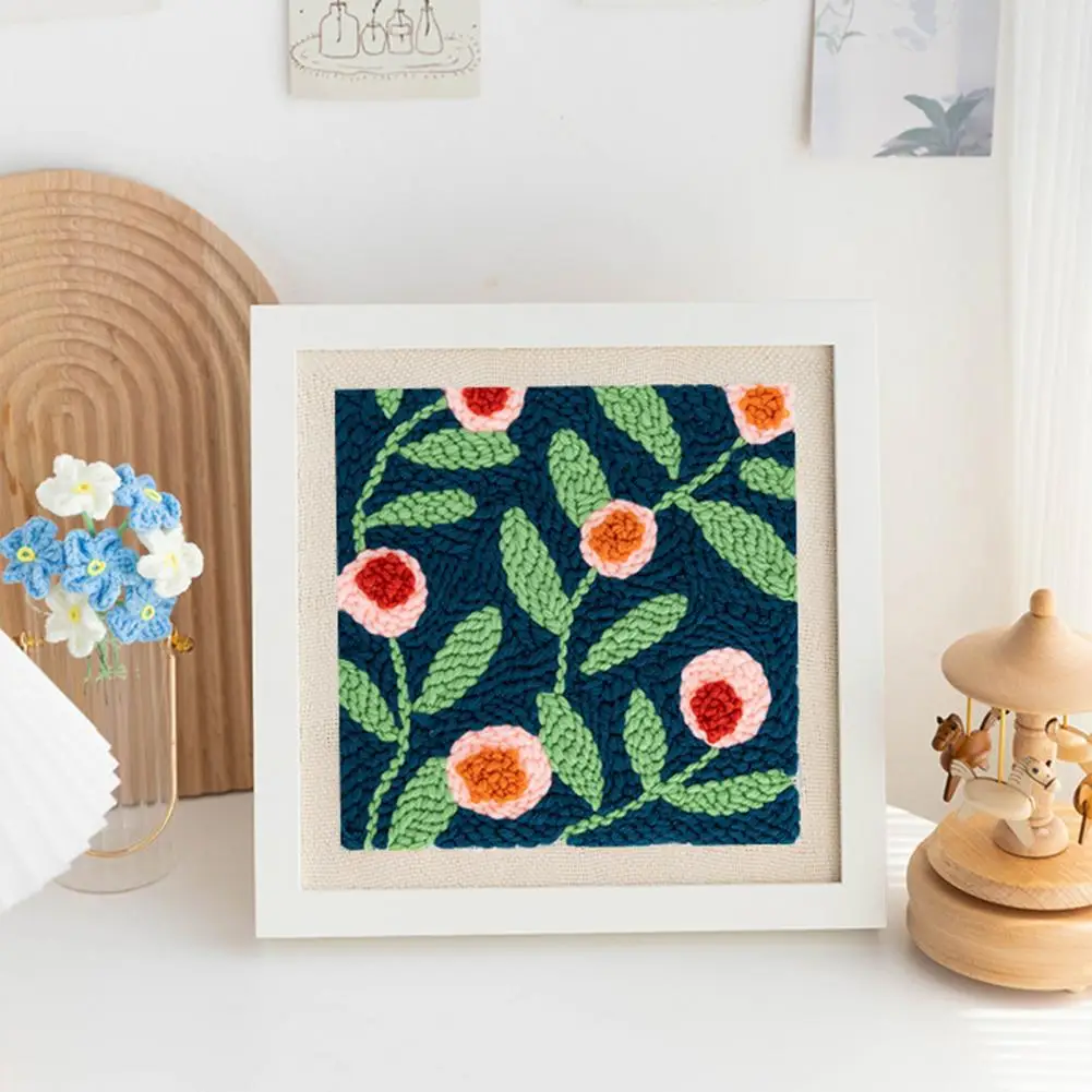 Punch Needle Embroidery Set Complete Punch Stitch Threads Needle Frame Floral Pattern Set DIY Kits for Beginners
