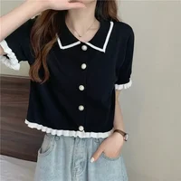 T-shirt court à boutons pour femmes, veste rayée patchwork, vêtements Y2K pour filles, pull coréen, chemise courte 5