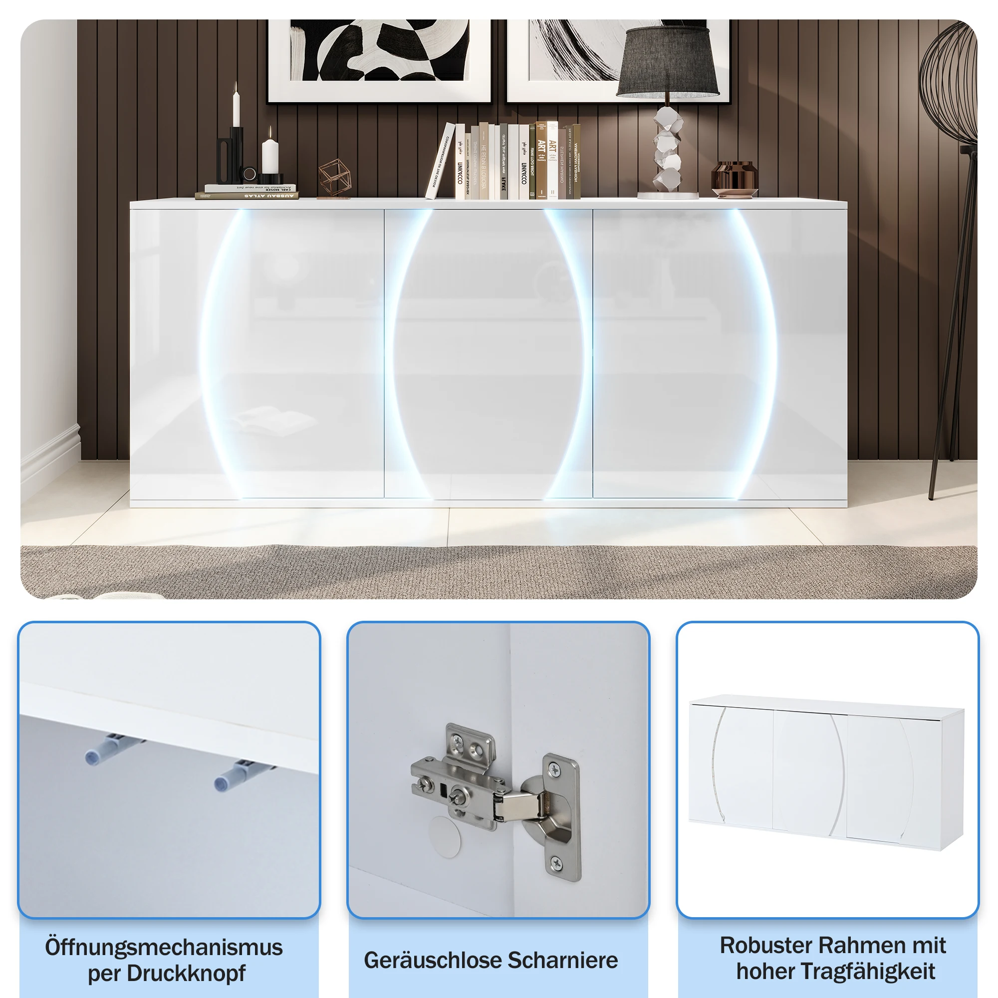 150 x 40 x 70 cm, Wohnzimmer-Sideboard, Hochglanz-Wohnzimmerschrank mit drei Türen, Aufbewahrungsschränke mit LED-Türen – Detail 14