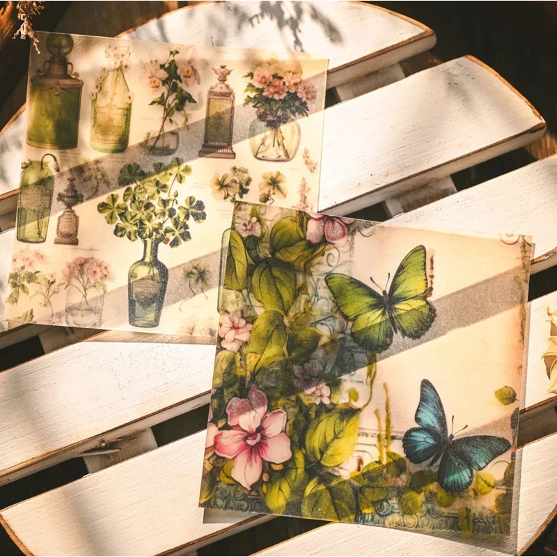 Vintage Butterfly Vellum Stickers Small Background Paper Plant Flower Transparent Stickers Scrapbooking Material 3"X3" 12 Sheet