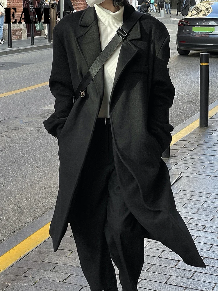 

[EAM] Loose Fit Black Irregular Big Size Long Woolen Coat New Lapel Long Sleeve Women Jacket Fashion Autumn Winter 2023 1DH2144