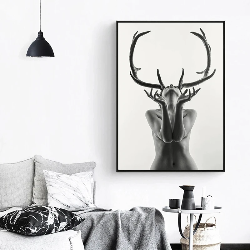 

Nordic Simple Black and White Antlers Woman Model Abstract Canvas Painting Art Print Poster Wall Picture for Home Decoration