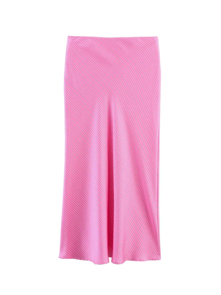 TFMLN 2025 Summer Female Striped Midi Skirt Fashion Low Waist Midi Skirt Chic Lady Pink Regular Fit Ruffles Striped Print Skirts