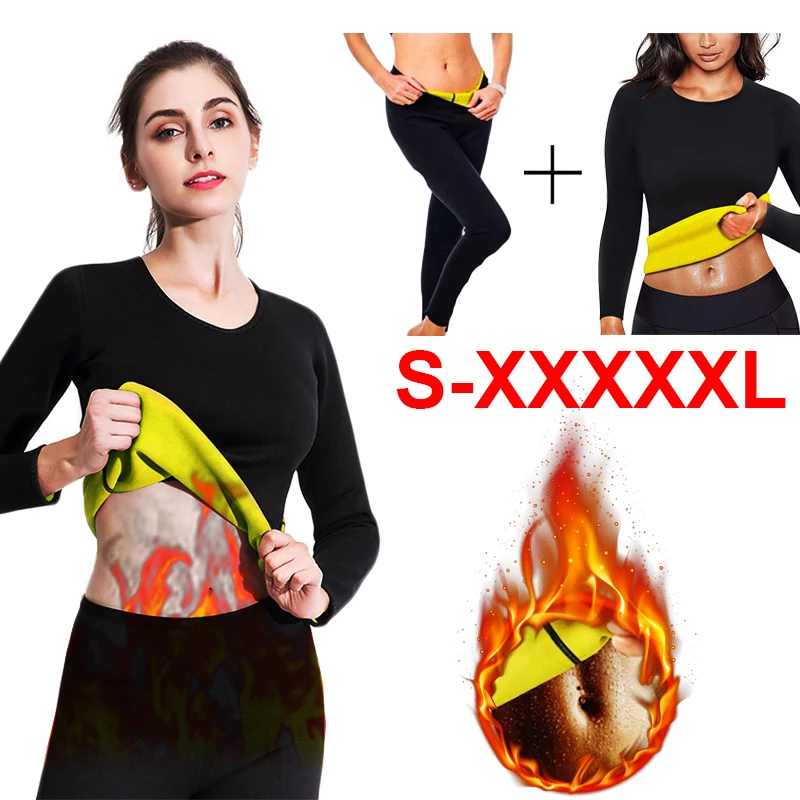 

Thermal Neoprene Sauna Suit Sports Shirt + Legging Women Fitness Tights Slimming Waist Trainer Tummy Control Panties Blouse Pant