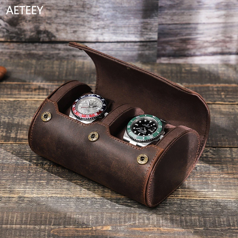 

Vintage Watch Roll Case Watches Storage Box Watch Display Stand Organizador Distress Leather 2 Slots Exquisite Metal Buttons