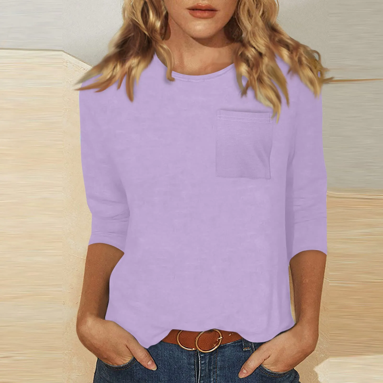 thumbnail image 1 of Tops de mujer con mangas 3/4 de largo, camisetas casuales holgadas con cuello redondo, lindas túnicas de tres cuartos de largo de color sólido, 1 of 4