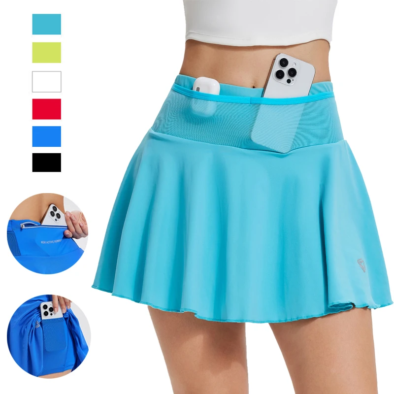 (S-3XL)Women's High Waist Pocket Tennis Skirt with Built-in Shorts 2-Layers Anti-Slip Athletic Golf Running Fitness Skirt