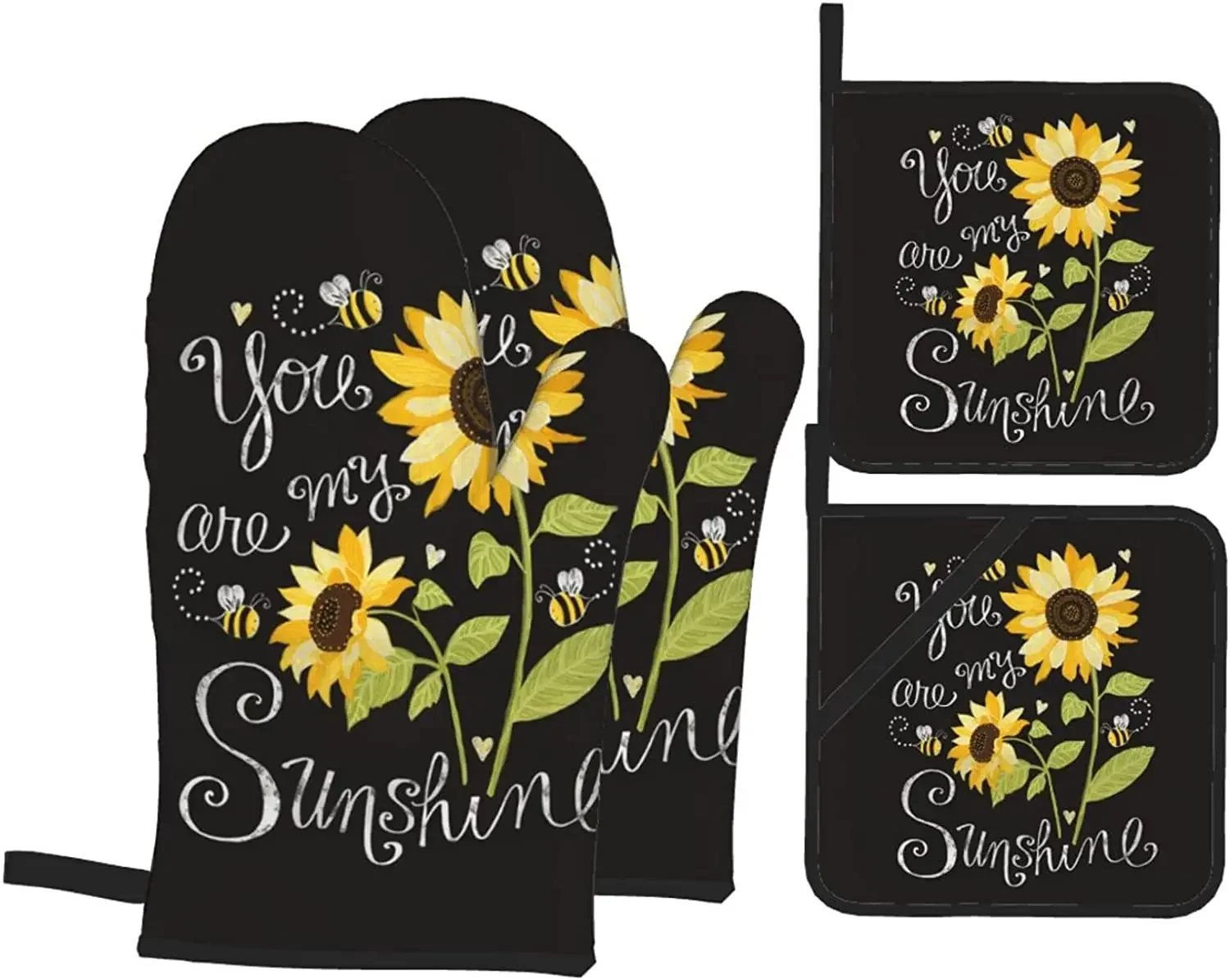 

Sunflower Oven Mitts and Pot Holders Sets of 4 High Heat Resistant You are My Sunshine Oven Mitts with Oven Gloves and Hot Pads