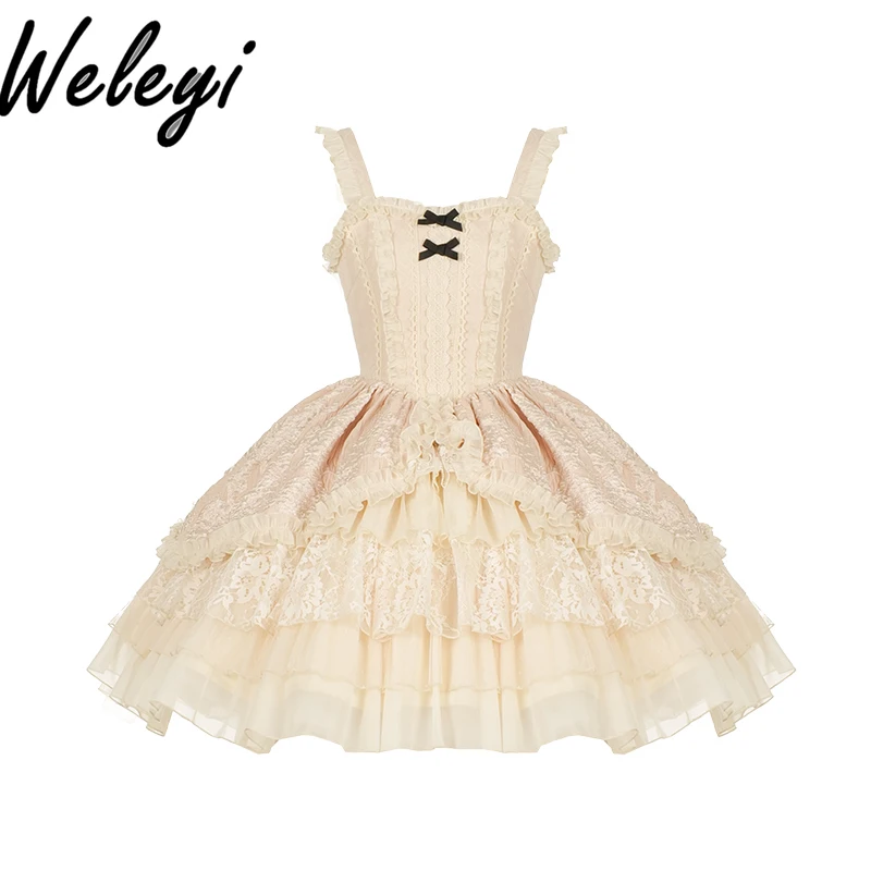 

Lolita Elegant Bow Strap Dress for Japanese Women 2024 Spring and Summer Cute Soft Girl Sweet Multi Layered Strap Short Dresses