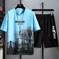 Casual Ice Silk Men's Suit 2022 Summer New Trendy Printed Short Sleeve Shorts Sports 2-piece Set