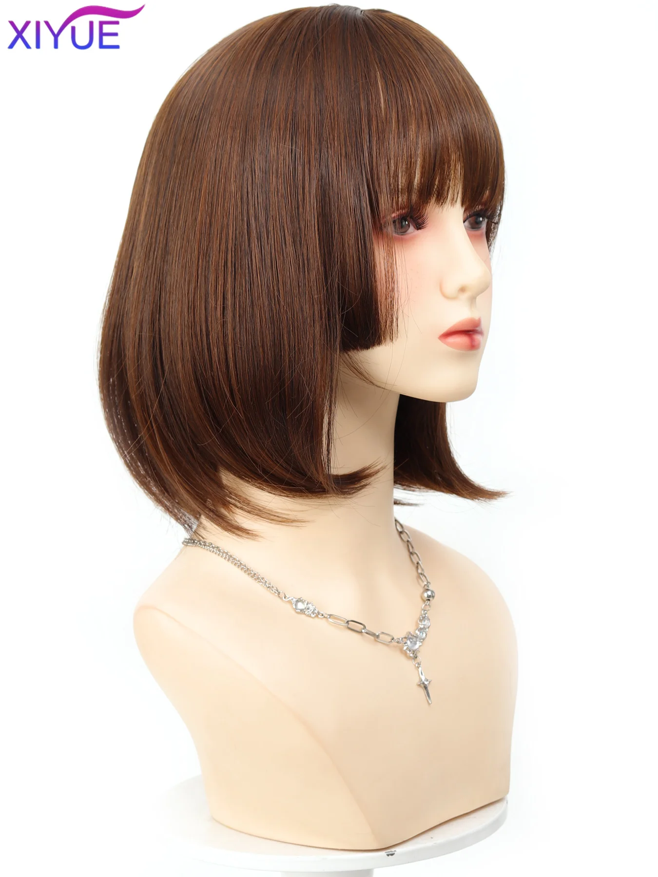 Short Black Brown Synthetic Natural Hair Wigs for Women Bob Straight Wig with Bangs High Temperature Daily Cosplay Party Wigs