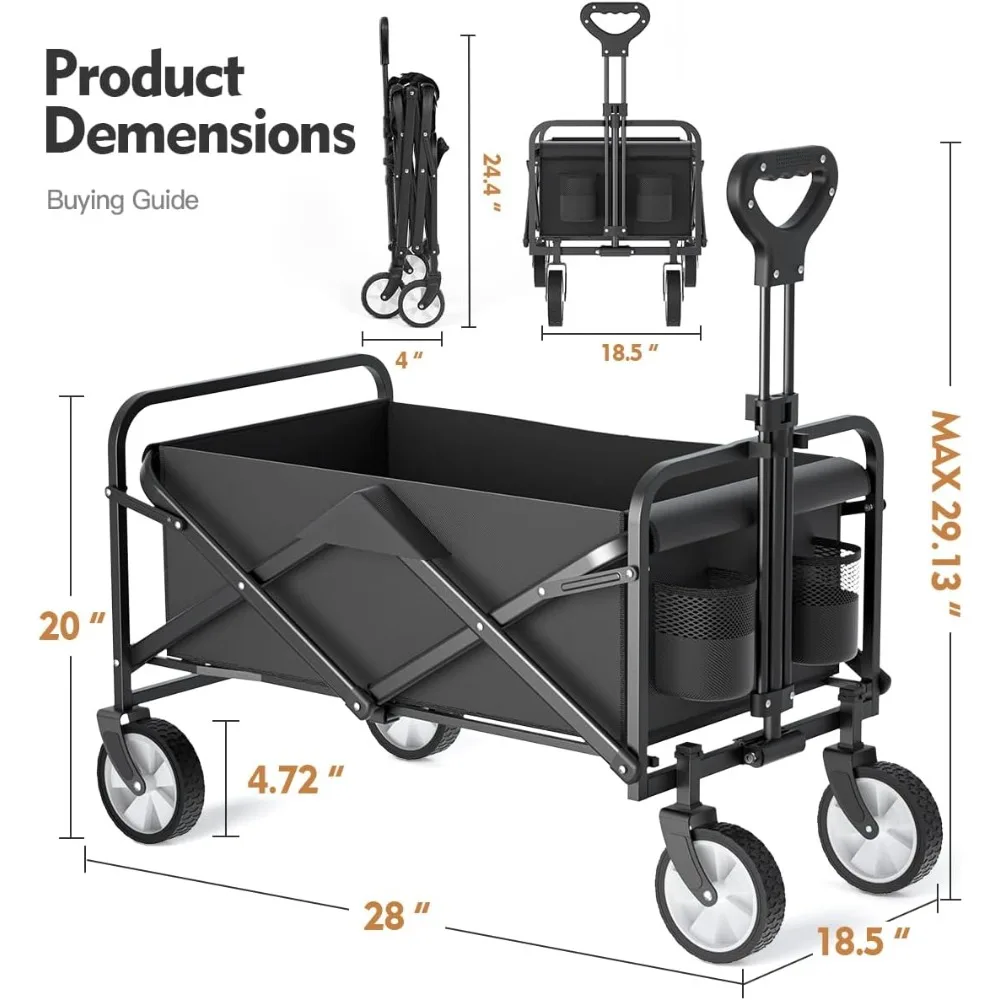 

Collapsible Folding Wagon, Utility Wagon, Beach Wagon Cart,Foldable Grocery with Side Pocket, Large Capacity Heavy Duty Portable