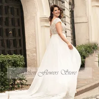 Classic Chiffon Wedding Dresses Plus Size V-Neck Cap Sleeves Bride Gowns Lace Back Button Sweep Train A-Line Vestido PSL980012 2