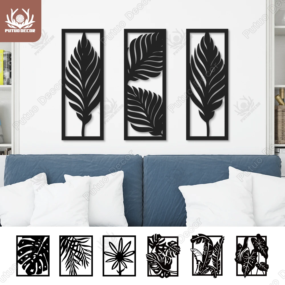 Putuo Tropical Leaves Black Plaque Boho Wooden Line Art Home Decor Living Room Bedroom Wood Wall Decoration Painting Salon
