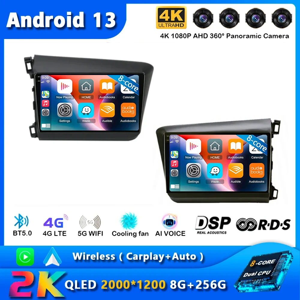 

For Honda Civic 2012 2013 2014 2015 Android 13 CarPlay Car Radio Multimedia Video Player DSP IPS GPS Navigation 2 Din autoradio