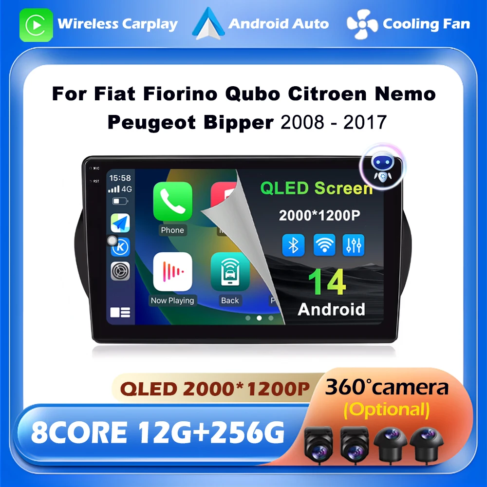 Android 16 For Fiat Fiorino Qubo Citroen Nemo Peugeot Bipper 2008 - 2017 Carplay Auto QLED Screen 4G Car Radio Multimedia Player