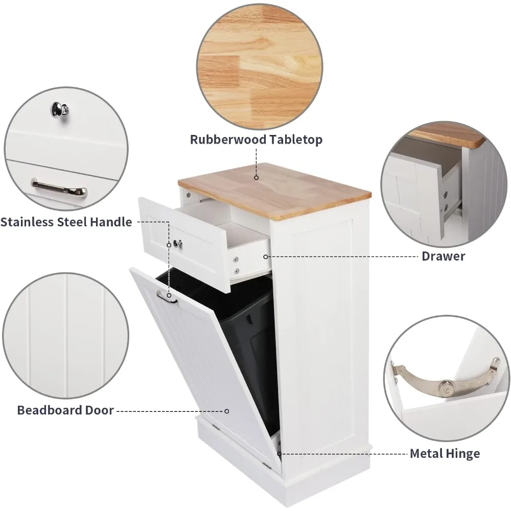 Tilt Out Trash Cabinet,Antique-Style Beadboard Kitchen Island with Solid Wood Tabletop & Drawer, Pet Proof Trash Can, Wood Laund