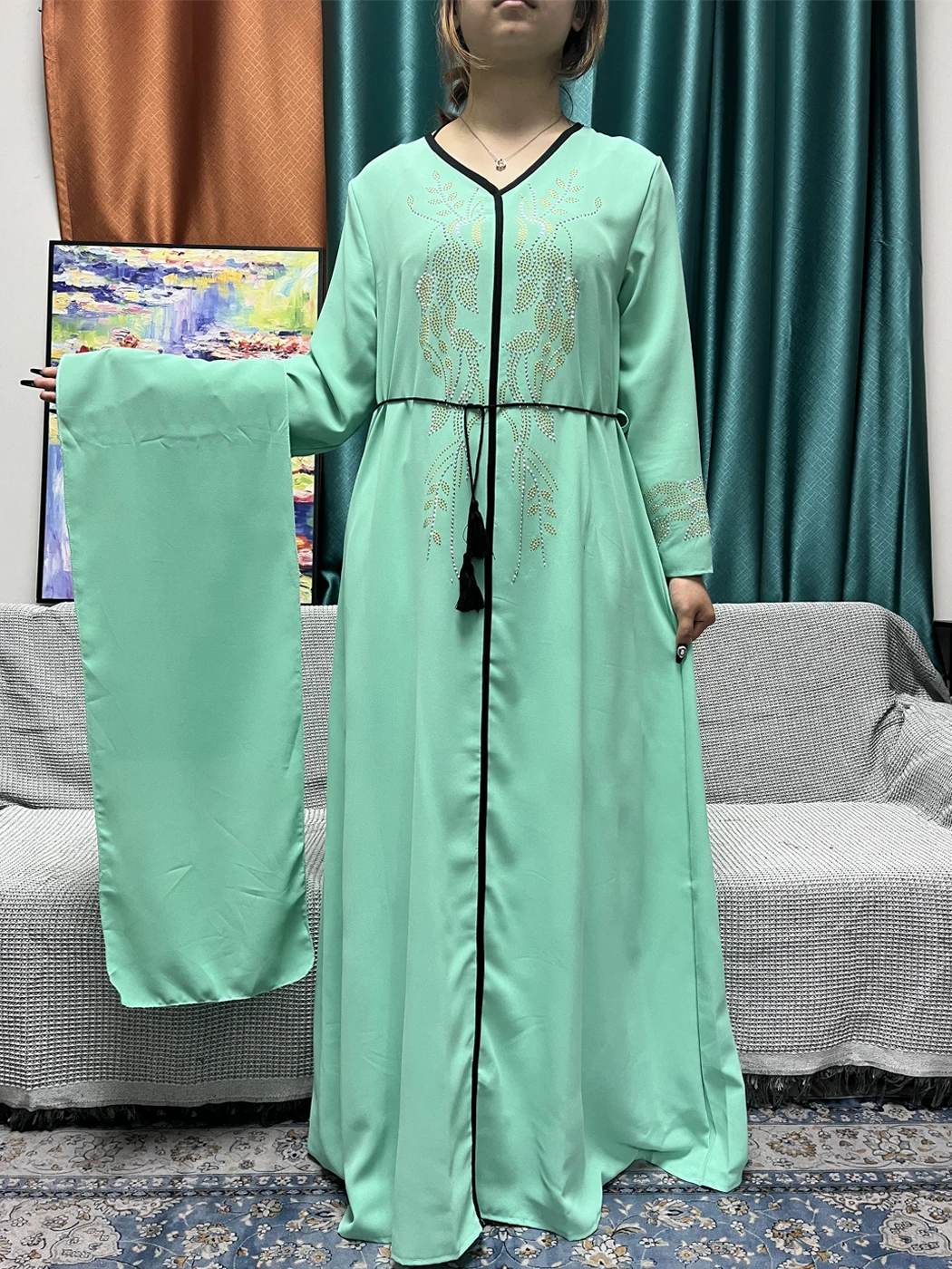 Muslim Abayas For Women Dubai Islam Pure  Set Auger Chiffon Ramadan Loose Fit Femme Robe African Nigeria Dress With Belt Turban