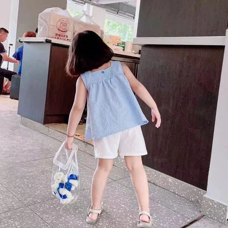 Girls Summer Outfit Set - Checked Straps  White Shorts