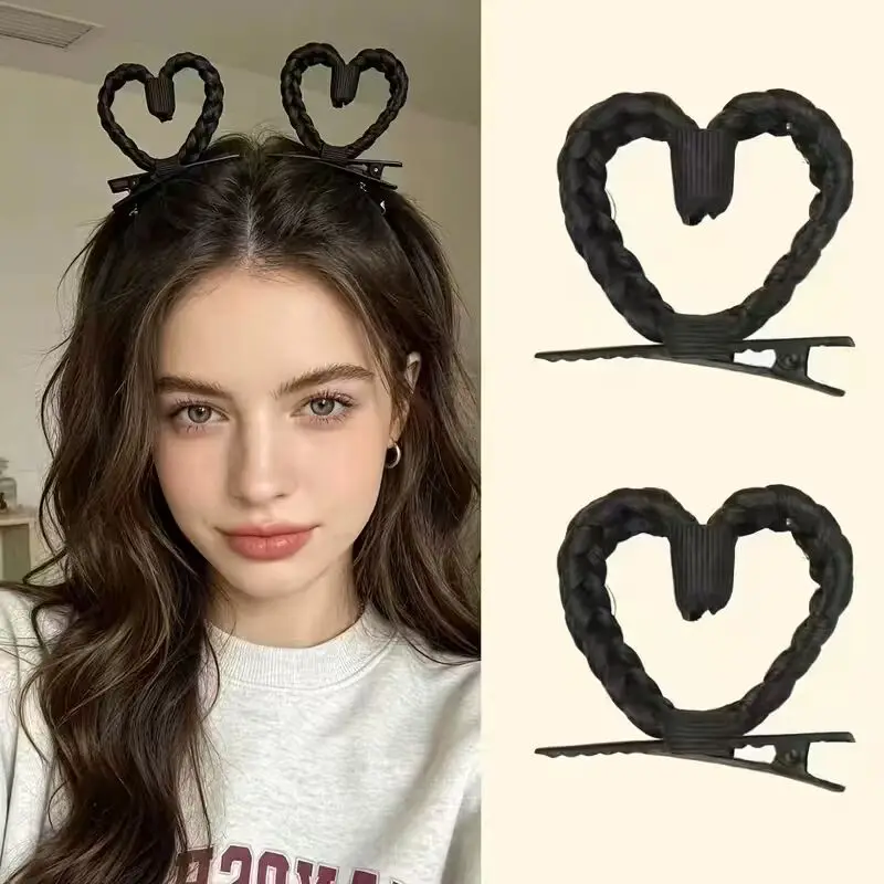 2/4 pezzi graziosi fermagli per capelli intrecciati a forma di cuore, fermagli per capelli sintetici a forma di cuore, graziosi accessori per acconciature quotidiane da ragazza.
