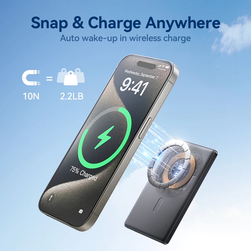 JOYROOM 0.35 Inch Ultra Slim Power Bank for Magsafe 5000mAh Wireless Portable Charger with USB-C Cable for iPhone 16/15/14/13/12 - Image 2