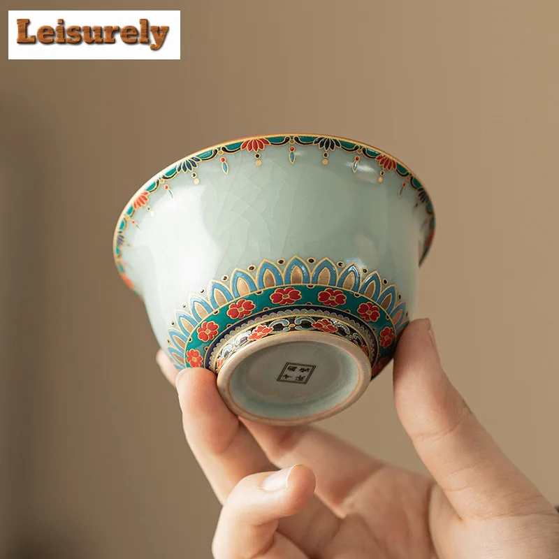 85ml Ru Kiln Precious Flower Pressed Hand Teacup Vintage Tea Bowl Cute Cup Tea-tasting Meditation Cup Jianzhan Master Cups Cafes