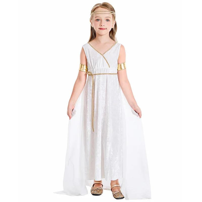

Girl White Velvet V Split Dress Greek Goddess Cosplay Costume Goddess Elegant Irregular Dress Costumes Party